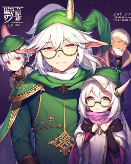 15 year old boy who is a little short, 1.60m tall, wears a long green wizard's outfit, wears a green hat with small horns on it, wears circular glasses, is quite cute, has white hair, wears a pink scarf, her eyes are green and are a bit effeminate