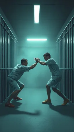 A prison cell with two prisoners fighting with each other