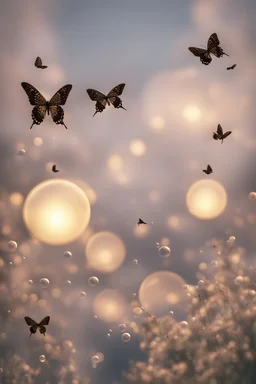 Bubbles and Butterflys flying to the sky at daybreak