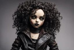 full color, illustration of a dark, menacing, curly haired, black leather clad motorcycle girl, tall and willowy , as a decayed, broken, crude homemade cloth doll toy, with a cracked porcelain face, thick dark eyebrows, hair made from ragged strips of cloth, in the style of Nadya Sheremet