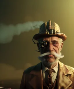 Surreal, steampunk, cabaret scene. Russian old man. Sweat, rain, smoking, happy, hot, color fog, people background, highly detailed, concept art, unreal engine 5, god rays, ray tracing, RTX, lumen lighting, ultra detail, volumetric lighting, 3d, finely drawn, high definition, high resolution.