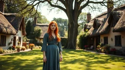 A red-haired, witchy woman standing in the centre of a village green, surrounded by thatched cottages, standing under a large tree. Bright, sunny day.