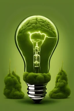 light bulb with brain illuminate inside on green background wuth moss. No light.Green Dark atmosphere