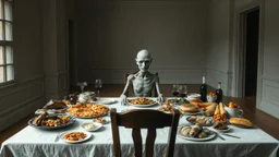 Bizarre dark surrealism, psychological thriller atmosphere. An impossible empty room with no windows and no doors. A single gaunt human-like figure with pale gray skin, an ordinary-sized head, large sunken lifeless eyes, and a tightly sewn-shut mouth with visible black thread stitches across the lips sits alone on one old wooden chair at a long dining table. The table is overflowing with untouched colorful food: roasted meats, pasta, pizza, soup, cakes, fruit, bread and wine. Everything except