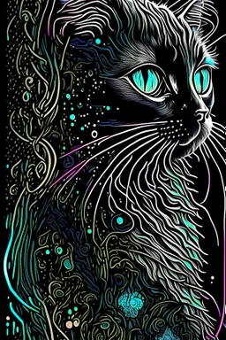 Wet color inks line art whimsical dreamy cat portrait with lot of ornament filigrees on black canvas illustration described in the perfect fractal style of Vassily Kandinsky, Jackson Pollock, Alphonse Mucha and Jeremy Mann, HQ, 4K