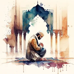 A man is praying namaz, background of islamic pattern, watercolour painting