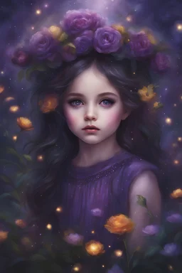 Painting of a beautiful Wednesday Addamsl, beautiful, haunted forest, flowers on her head, purple glitter dress, young girl, fantasy art, portrait, baby face, big eyes, bright eyes, dream, trees, blurry background, dark night, song, glitters background, fantasy, high quality, 8k