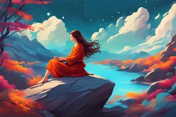 a fantasy digital art with vibrant and fantasy colors of a young woman sitting on a rock The art style is cartoon-like and the style of the young woman and elegant. She has long brown hair that flows in the wind, and her eyes are closed in concentration. Much like the iconic Lo-fi girl, Ensure that the image exudes a tranquil and relaxing ambiance, in the style of Lynn chen. Aesthetic, environmental, fantasy