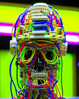 focus on a white robotic head, with cables connected, colorful wires.