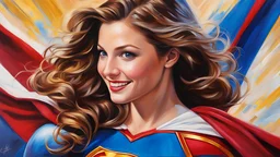 acrylic illustration, acrylic paint, oily sketch, blue eyes, smile, supergirl (Melissa Benoist:1.1), detailed, art by [Todd Schorr | Iryna Yermolova | Conor Harrington]