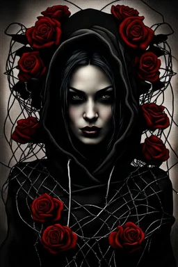 a beautiful and mysterious gothic woman entangled in wire and roses, hoody, dark and gothic lighting, ultra realistic and highly detailed, explosive background, epic, striking messy art style, cracked sealant surface and heavy textures , extremely beautiful