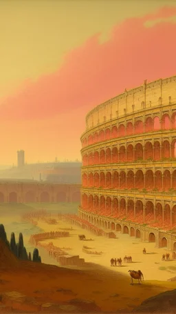 A light rosy orange colored coliseum in a city painted by Francis Danby