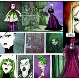 extrem tim burton style and disney style of an old and extrem malicious stepmother, sharp focus, sneaky eyes, old face