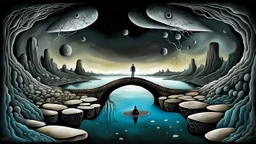 painted inner world with uncontrolled mind and neurodivergens soul, floating rocks over surreal cracked weird landscape . between two dark door one stone bridge over black river, . deep dark colors. Whimsical strange style of Chagall, of Quentin Blake, andYoshitaka Amano of Anton Semenov. some black human creature sitting , flotaing, walking in picture, weird absurd beauty nightmare, black shadow, in background neuronic network, surreal vibe,
