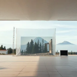 A super high definition photo of an open space with structures and a large computer screen. A transparent tarpaulin covers an image resembling a ruined building. There is a group of fir trees in the background and a high hill in the distance. The surface below is in a pastel color. Fog is present.