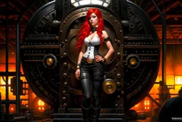 full body and headshot of a skinny young woman, with long straight red hair, standing in a steampunk setting, Frank Franzetta