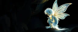 pen outline with some neon airbrush, illuminated transparent glowing pixie in the shadows with long fluffy white fur looking at awesome glowing cave painting, pin hole camera, in the style of Rembrandt