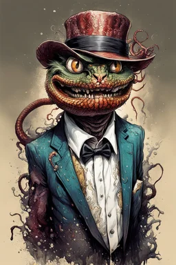 highly detailed full color, caricature concept illustration of a slippery snake oil salesman character , maximalist, sharp focus, highest resolution, in the styles of Ralph Steadman, Brom, Denis Forkas , and Masahiro Ito, boldly inked, 8k, coarse, gritty textures