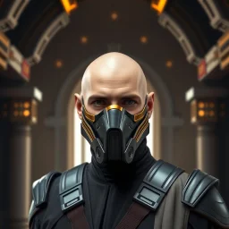 bald male corellian jedi wearing gunmetal grey and black old republic armored flightsuit and breath mask with gold and metallic red trim inside the jedi temple, centered head and shoulders portrait, hyperdetailed, dynamic lighting, hyperdetailed background, 8k resolution, volumetric lighting, light skin, fully symmetric details