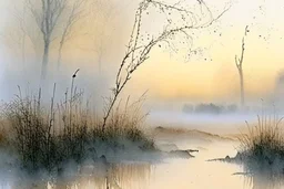 Sunrise on a misty morning. over a misty pond in the hieght of fall.Watercolour by Alison Brady. Pastel colours Arthur Rackham Gothic Watercolour Jean-Baptiste Monge Ernst Haeckel Minimalist Kay Sage watercolour art