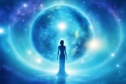 Immagine orizzontale elegante e spirituale per copertina evento Facebook. Sfondo cosmico blu scuro e turchese con stelle scintillanti, nebulose luminose e bokeh morbido. Al centro una figura umana stilizzata in silhouette luminosa che si dissolve nella luce, con la Terra (Pianeta Blu) sotto di lei. Atmosfera mistica, eterea e profonda. In alto grande testo elegante 'Acqua e il ritorno all’Origine'. Sotto in caratteri più piccoli: 'Venerdì 17 giugno ore 20:30'. Tono blu-turchese, luce dall'alto,