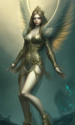 Female angel with beautiful face big wings and golden crown floating above the ground in the dark enviroment, michelangelo style, detailed, world of warcraft style, dark forest, trees, lightferry