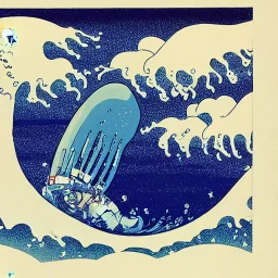 An astronaut floating in space surrounded by a halo of glowing jellyfish, done in the style of Hokusai's The Great Wave off Kanagawa