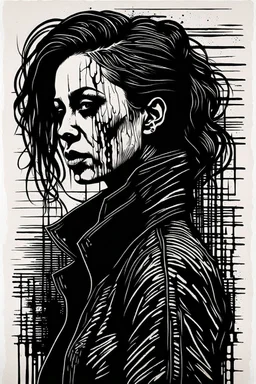 create an abstract, deeply powerful tragic and evocative, full body woodcut of a raw and weathered gothpunk female with highly detailed facial features, lost in a horrific post apocalyptic world, in the style of KATHE KOLLWITZ , searing lines and forceful strokes