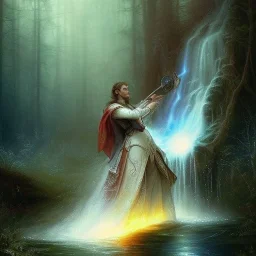 romantic fantasy spray painting, william Turner, watercolor, close up on dark robed poet playing lute for an elf in magical winding forest, forest creature in waterfall, movie poster