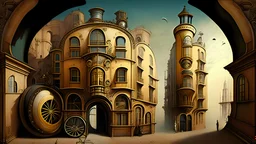 steampunk city like trompe l'oeil dali