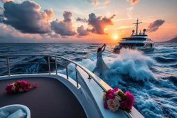 a big ship in oecieon in powerfull waves ,a beautiful sun set and dreamy clouds , young couple dancing on a modern boate deck next to ship and flowers flows from deck to water