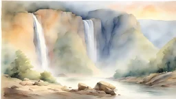 Watercolor painting on paper of a Waterfall in a steep rocky canyon at sunset by J M W Turner