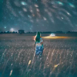 photo of a young woman in field at night with lots of stars, looking at a UFO