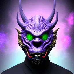 oni purple mask in galaxy, teal and purple smoke, detailed, realistic, 4k