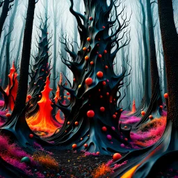 Irregular black spots, 8k, 3d render, Zdenek Burian, melting horror, tridimensional figures, intricate patterns, forest, sinister scribbles, colors, shot on Hasselblad, Yves Tanguy, tragicomic