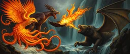 phoenix octopus bird witch god bear dragon waterfall looks beyond really powerful slapping a bird in the face with fire, fantasy illustration, in the style of Rembrandt