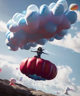 Ultra realistic speed clouds sky scene, wide angle view, sweet women falling down, inflatable color clothing, free jumping flying, many trinkets, hair monster, many jelly beans, balls, color smoke, smile, happy, circus style, extreme, wind, clouds sea, 20,000 feet altitude, stratosphere, soft color, highly detailed, unreal engine 5, ray tracing, RTX, lumen lighting, ultra detail, volumetric lighting, 3d, finely drawn, high definition, high resolution.