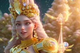 very beautiful crystal and gold goddess in a galactic ambiance, nice smiling, transparent petals, delicate colors, full of details, smooth, bright sunshine，soft light atmosphere, light effect，vaporwave colorful, concept art, smooth, extremely sharp detail, finely tuned detail, ultra high definition, 8 k, unreal engine 5, ultra sharp focus