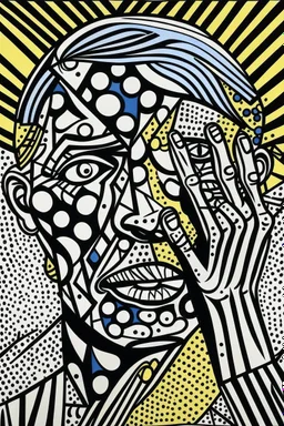 tribal man in grief with hands on face crazy shapes pencil draw style of roy lichtenstein