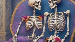 Famous Skeleton Couple Posing together wearing 1920's Hollywood Grandeur; Surreal, Intricately Detailed, Beautiful, Colorful, award-winning, high definition, ultra-detailed, beautiful, rose tones