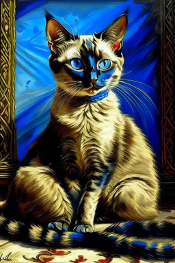 Portrait of a sitting up Siamese cat by Louis wain