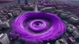 A purple vortex in the middle of a city, sucking everything into it, wide shot