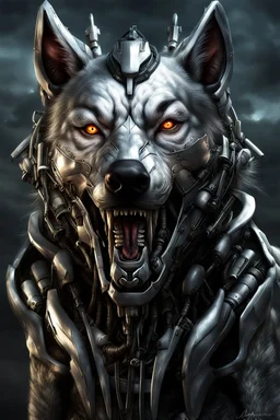 a scary silver wolf, partially cyborg, ultra realistic 12 ugh, dark and eary lighting, digital art, masterpiece