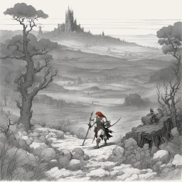 [art by W. Heath Robinson] once a flourishing field, now reduced to burned ruins, fumes of death hung heavy in the air. Amidst the devastation, an enraged redhead Barbarian, a towering figure of wrath and fury, thundered across the desolate landscape. His eyes blazed with a primal rage as he sprinted towards a lone white paladin, clad in chrome steel plate armor, a beacon of light amidst the darkness. The Barbarian faces the paladin.
