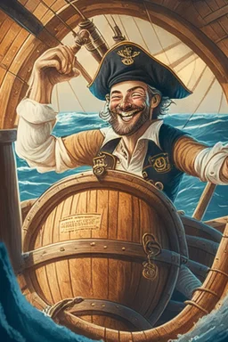 a cheerful sailor sitting on rum barrels aboard a sailing ship at sea, with the ship's steering wheel in the background