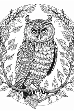 a wise owl in a charming European woodland, clean line art, monochrome, for kids coloring book, white background