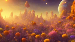 orange and gold crystal cosmic and galactic ambiance hill sky sunny flowers trees futuristic landscape, full of details, smooth, bright sunshine，soft light atmosphere, light effect，vaporwave colorful, concept art, smooth, extremely sharp detail, finely tuned detail, ultra high definition, 8 k, unreal engine 5, ultra sharp focus