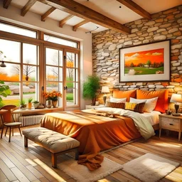 ladytigerette❤️ Warm orange and stone water nice……. Large window in bedroom 😍. Open wide room 😍. Too bad could see the bathroom n kitchen. I love open concept.