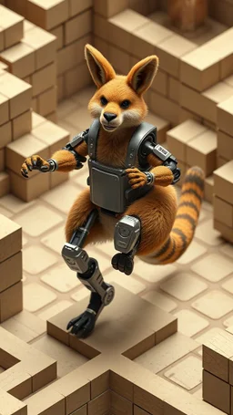 full figure Gordon Ramsey as a furry kangaroo jump robot in high walled isometric labyrinth