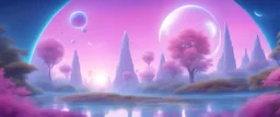 futuristic landscape, uninhabited planet, shiny transparent domes, several suns, magnificent blue light, magnificent trees and nature, blue river and pink flowers over there with many stars bright, spatial vessel in the blue sky